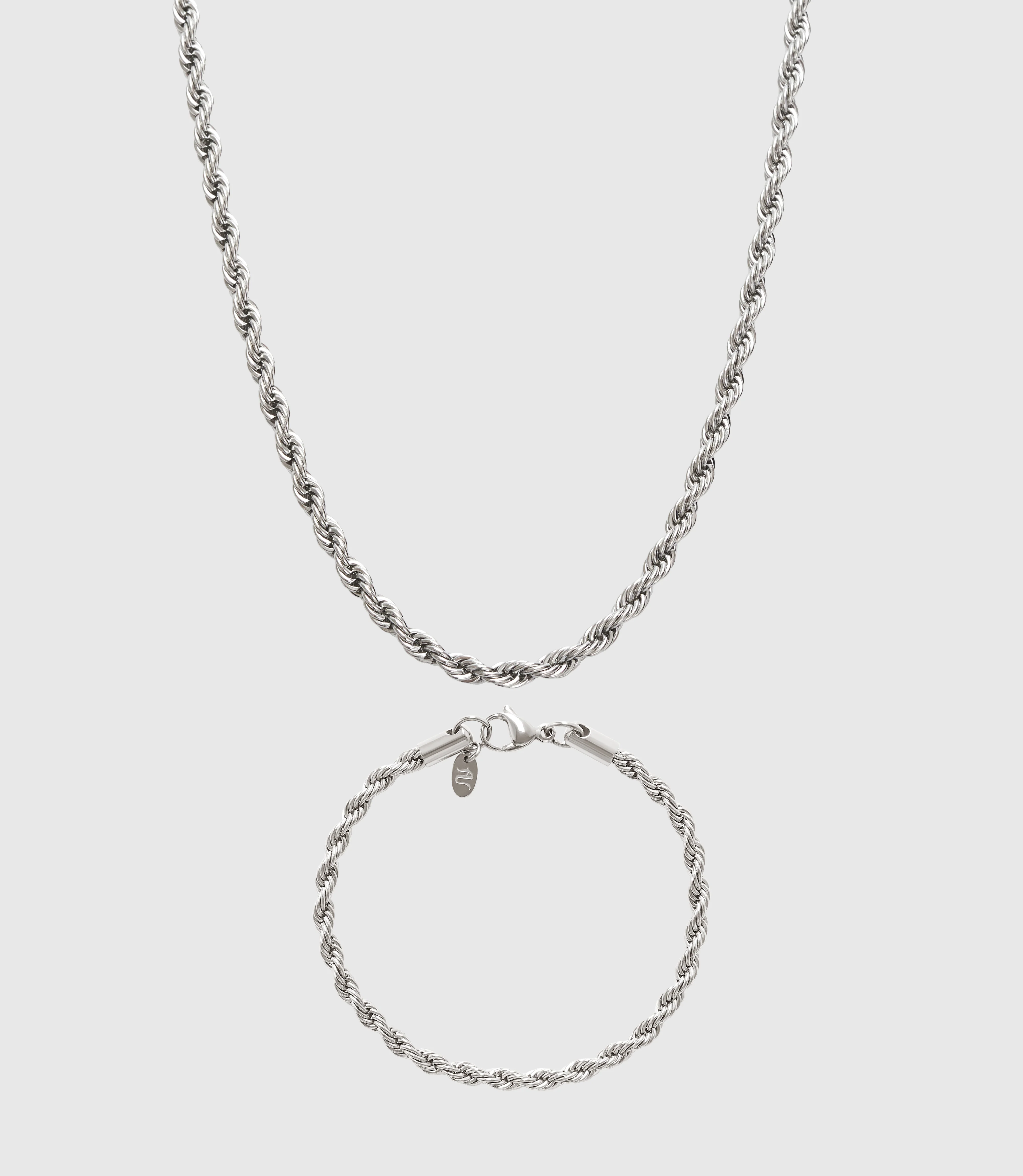 Silver Rope Chain and Bracelet Set - 4 mm